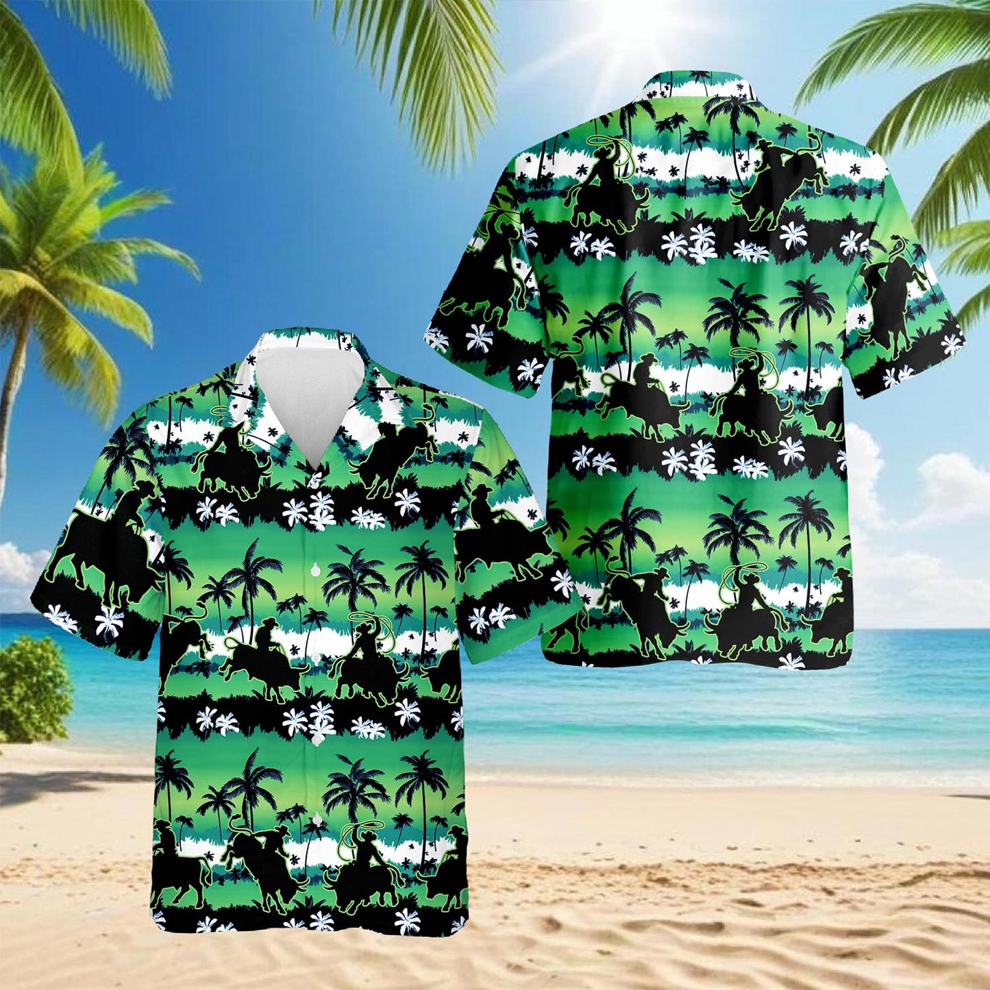 Green Bull Riding Palm Tree Hawaiian Shirt for Men, Button Down Aloha Shirt - Azhawaiian