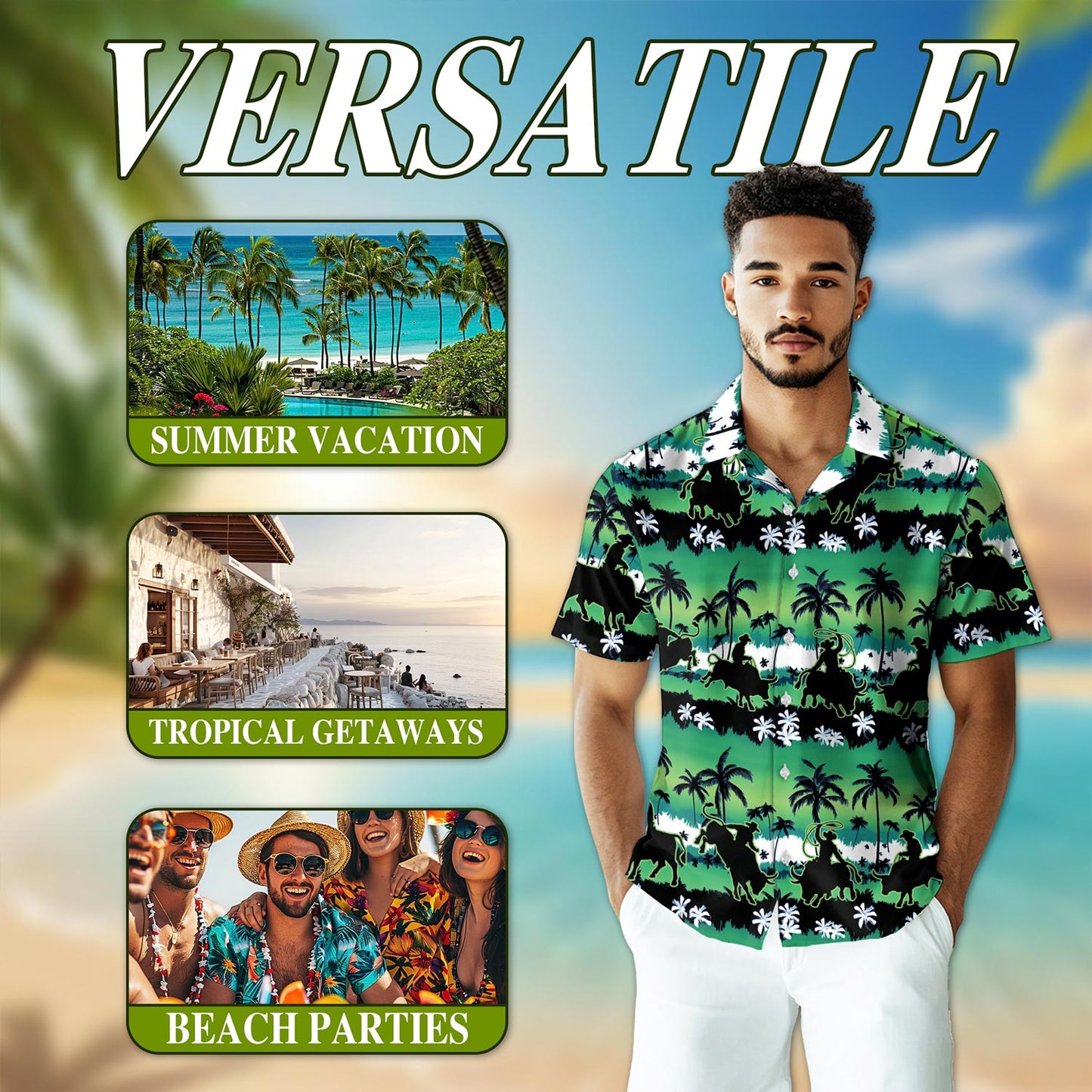 Green Bull Riding Palm Tree Hawaiian Shirt for Men, Button Down Aloha Shirt - Azhawaiian