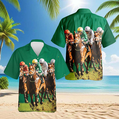 Green Horse Racing Hawaiian Shirt for Men, Button Down Aloha Shirt - Azhawaiian