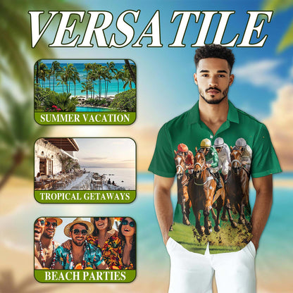 Green Horse Racing Hawaiian Shirt for Men, Button Down Aloha Shirt - Azhawaiian