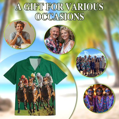 Green Horse Racing Hawaiian Shirt for Men, Button Down Aloha Shirt - Azhawaiian