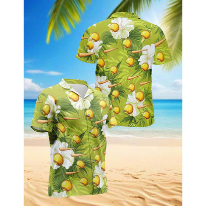 Green Softball And Baseball Bat Tropical Hawaiian Shirt for Men, Button Down Aloha Shirt - Azhawaiian
