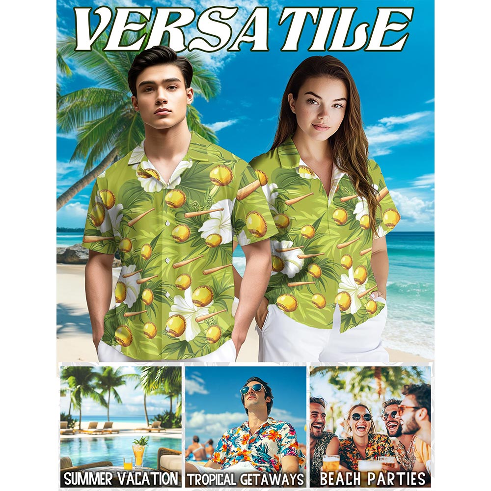 Green Softball And Baseball Bat Tropical Hawaiian Shirt for Men, Button Down Aloha Shirt - Azhawaiian