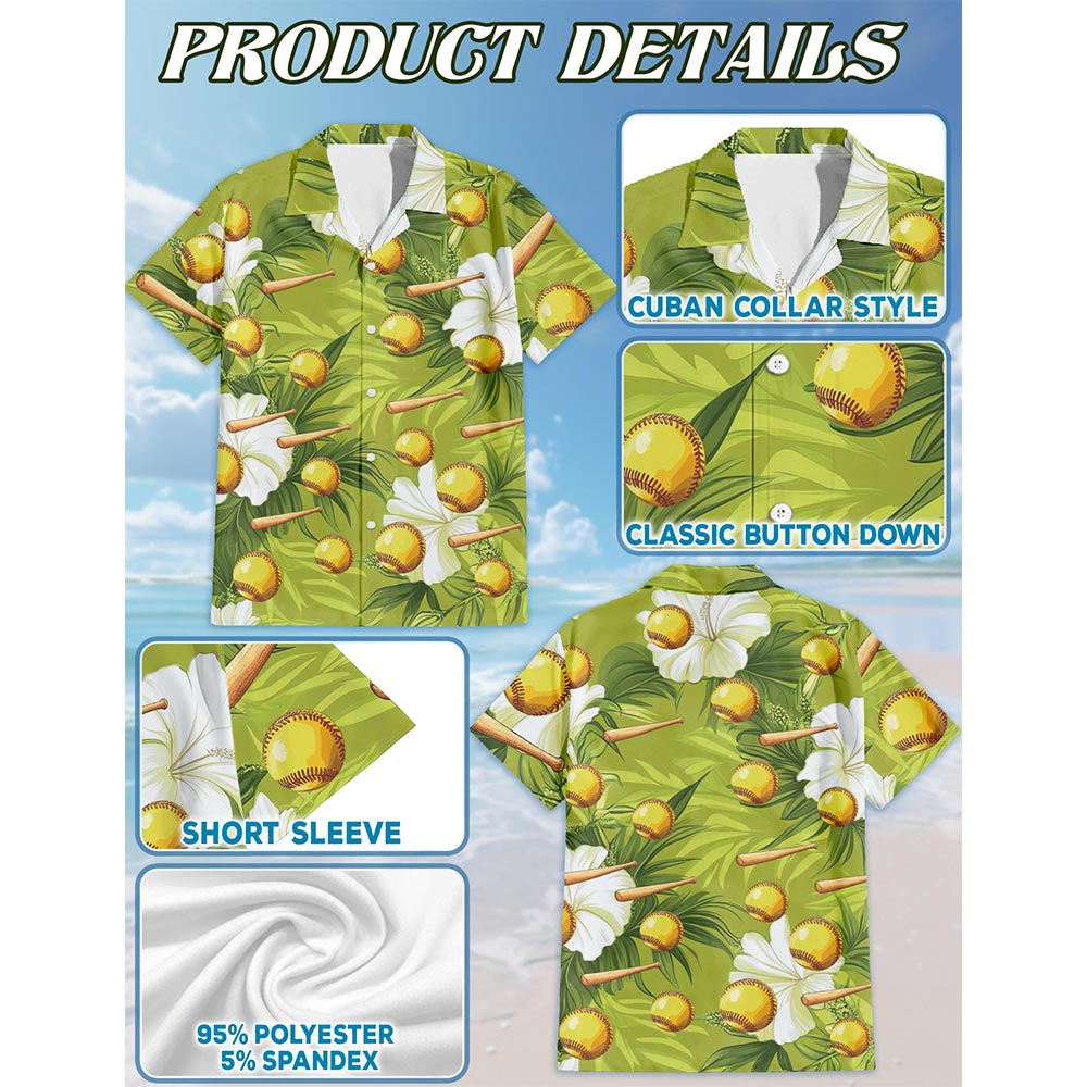Green Softball And Baseball Bat Tropical Hawaiian Shirt for Men, Button Down Aloha Shirt - Azhawaiian