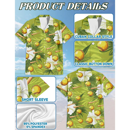 Green Softball And Baseball Bat Tropical Hawaiian Shirt for Men, Button Down Aloha Shirt - Azhawaiian