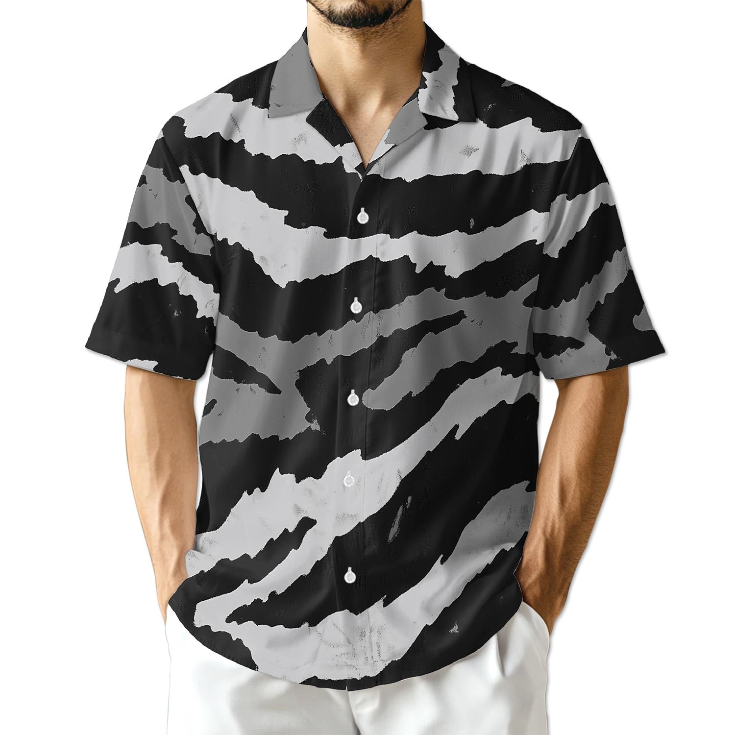 Azhawaiian Grey Tiger Stripe Camouflage Hawaiian Shirt for Men