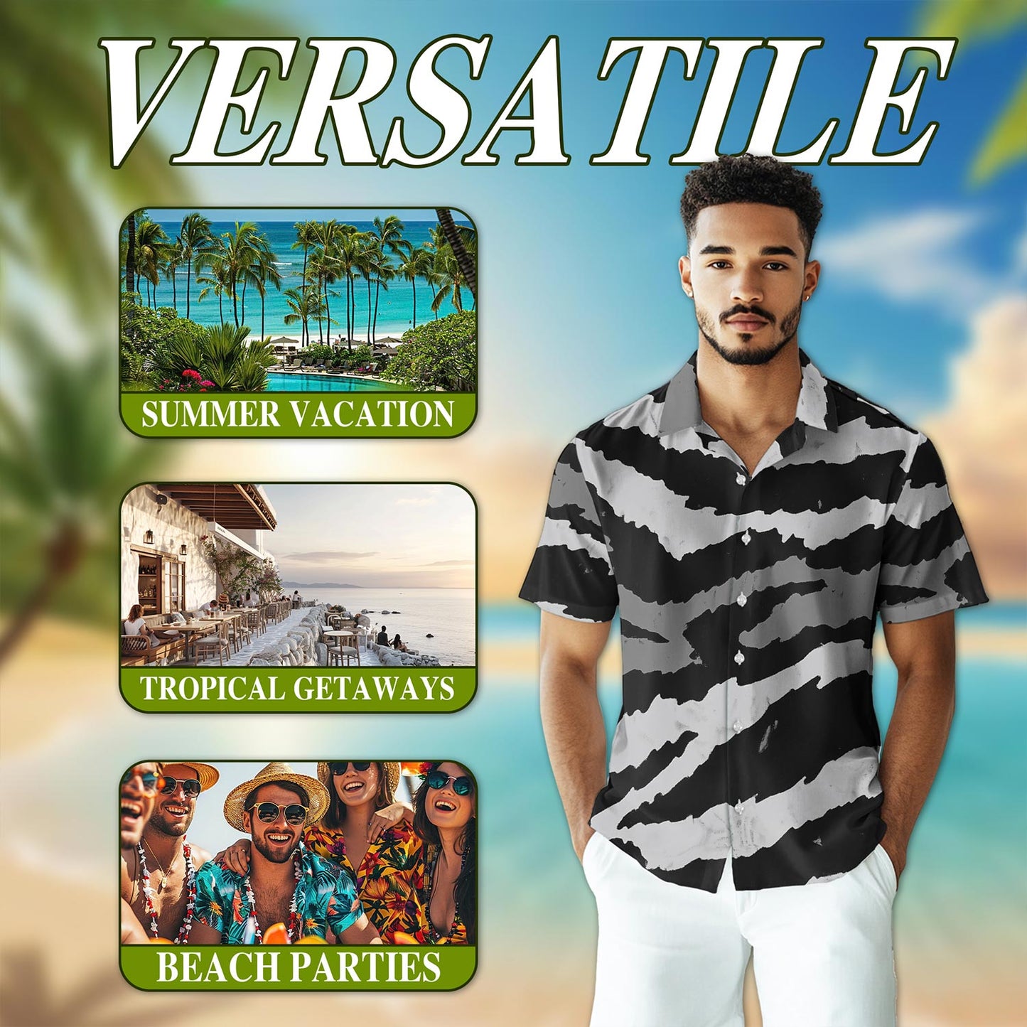 Grey Tiger Stripe Camouflage Hawaiian Shirt for Men, Button Down Aloha Shirt - Azhawaiian
