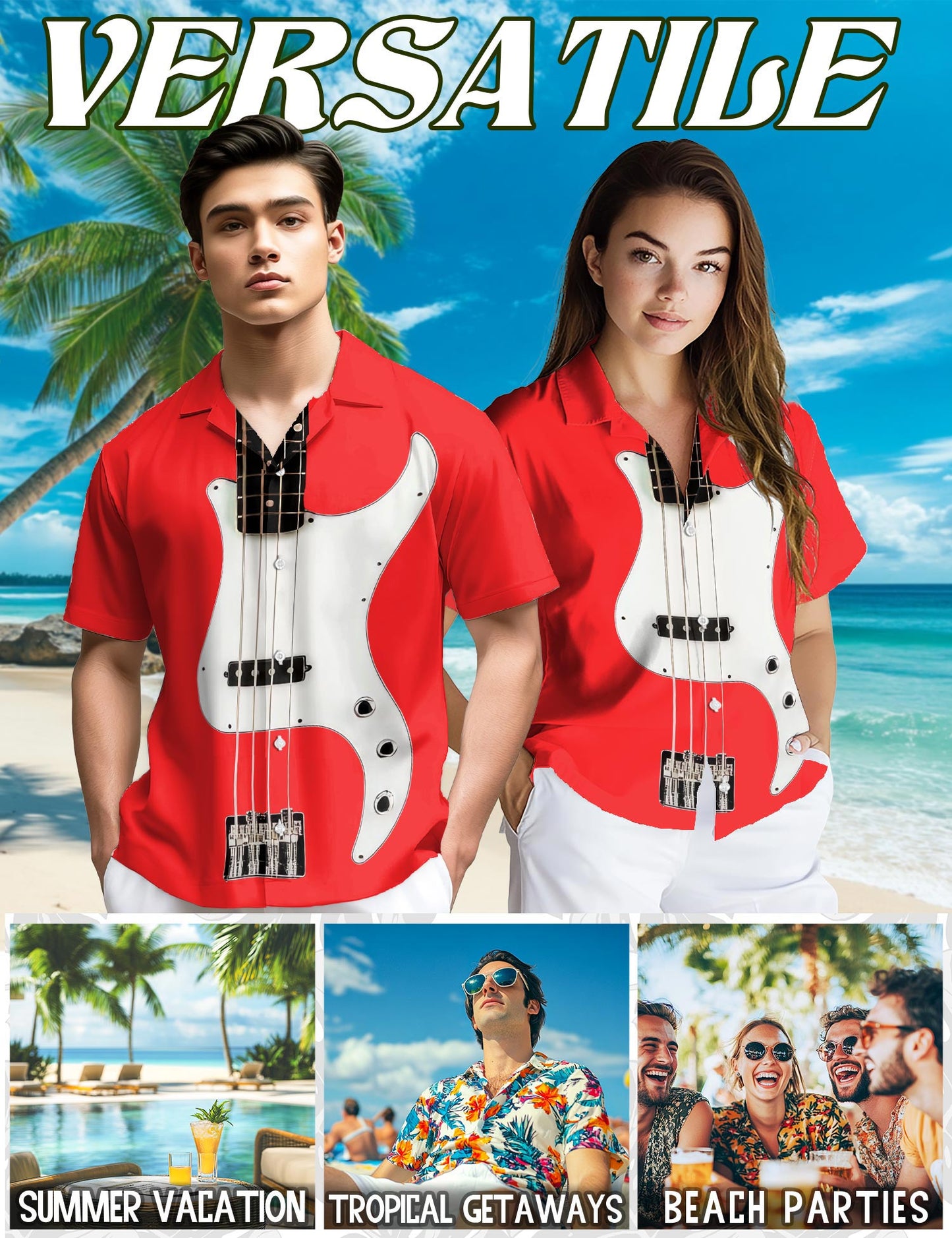 Red Bass Guitar Hawaiian Shirt for Men, Button Down Aloha Shirt - Azhawaiian