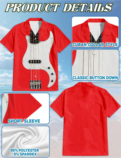 Red Bass Guitar Hawaiian Shirt for Men, Button Down Aloha Shirt - Azhawaiian