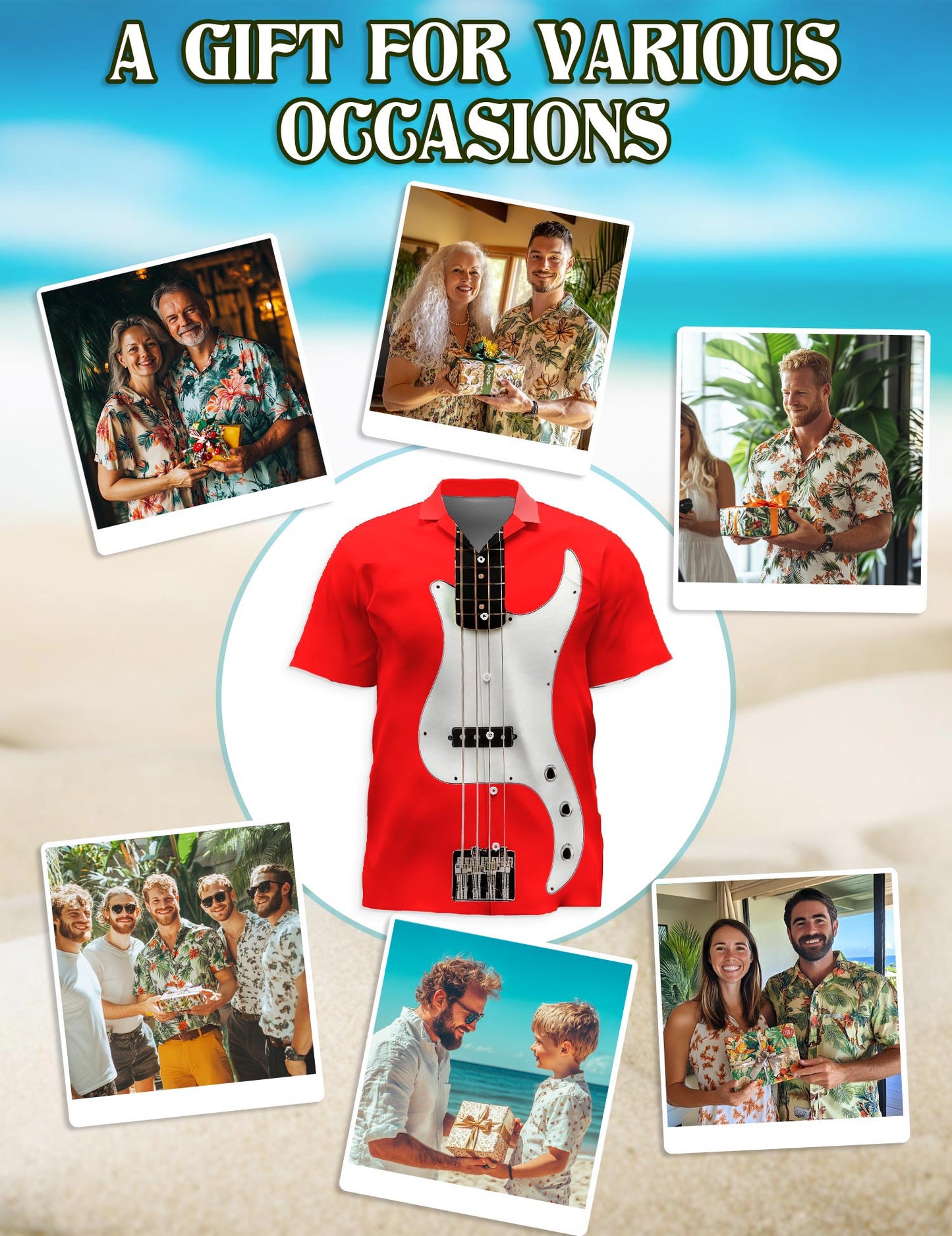 Red Bass Guitar Hawaiian Shirt for Men, Button Down Aloha Shirt - Azhawaiian