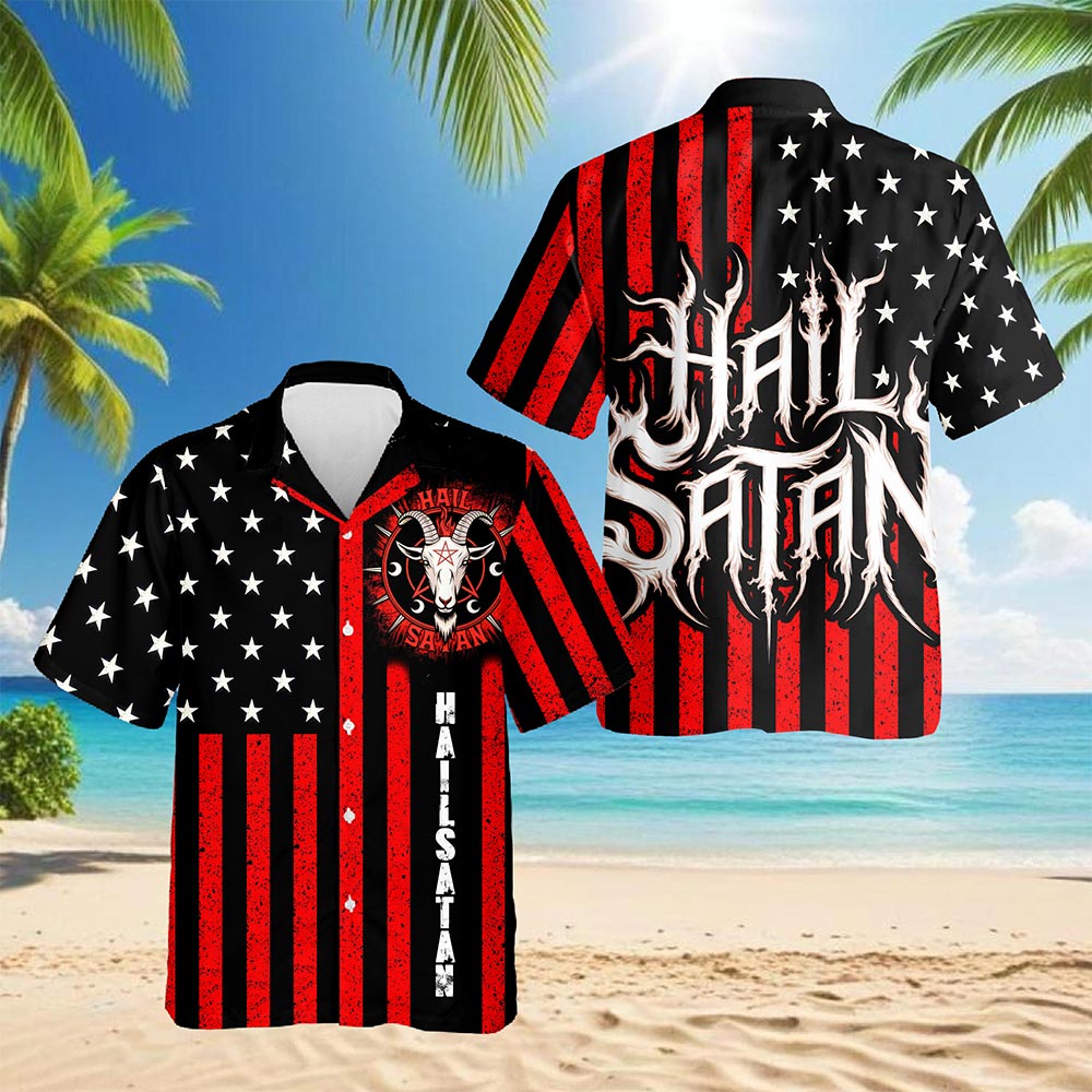Vintage Occult-Themed American Flag Hawaiian Shirt for Men, Aloha Button Down Shirt - Azhawaiian