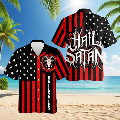 Vintage Occult-Themed American Flag Hawaiian Shirt for Men, Aloha Button Down Shirt - Azhawaiian