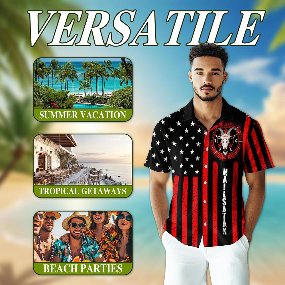 Vintage Occult-Themed American Flag Hawaiian Shirt for Men, Aloha Button Down Shirt - Azhawaiian