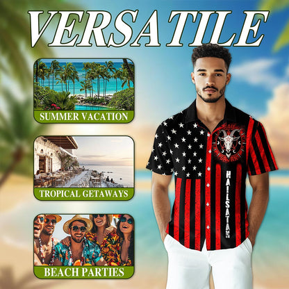Vintage Occult-Themed American Flag Hawaiian Shirt for Men, Aloha Button Down Shirt - Azhawaiian