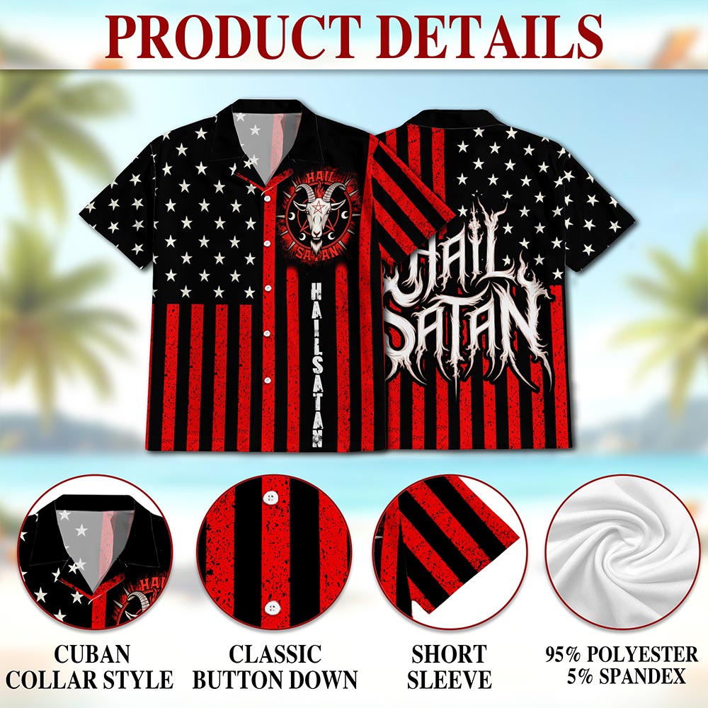 Vintage Occult-Themed American Flag Hawaiian Shirt for Men, Aloha Button Down Shirt - Azhawaiian