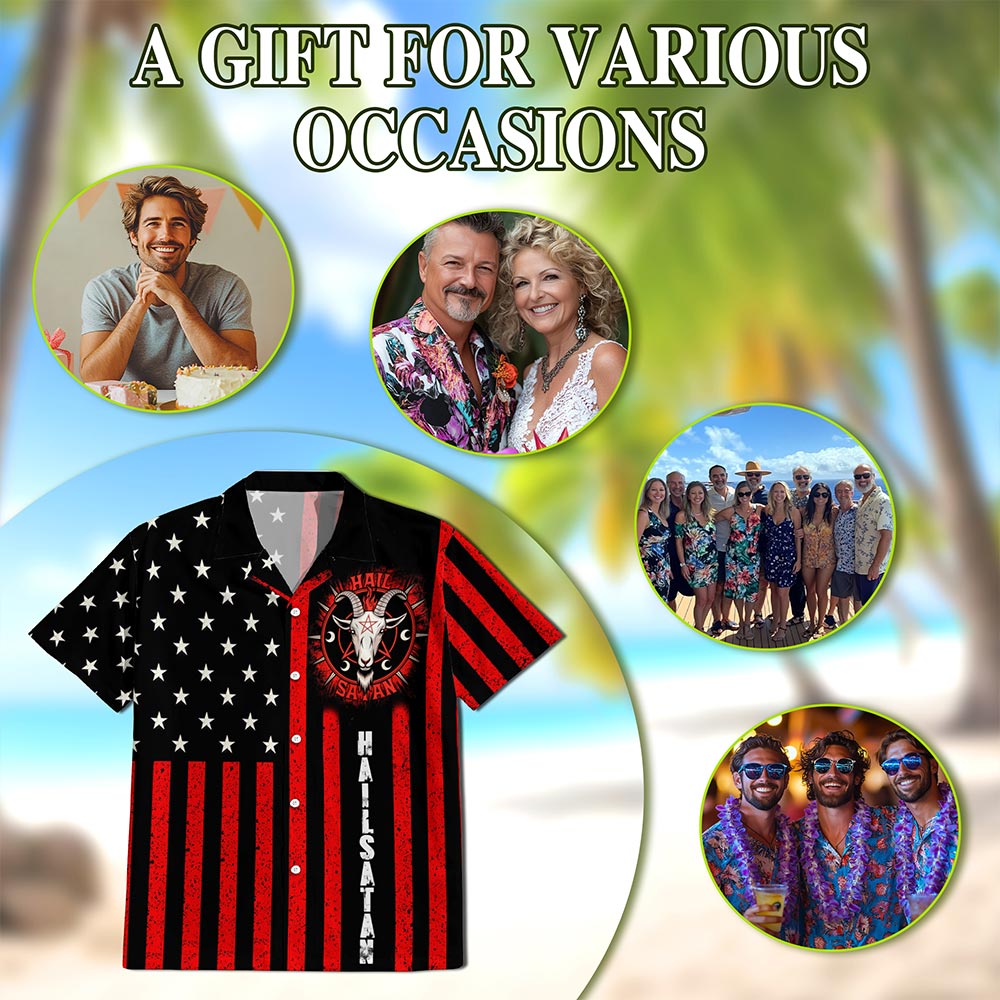 Vintage Occult-Themed American Flag Hawaiian Shirt for Men, Aloha Button Down Shirt - Azhawaiian