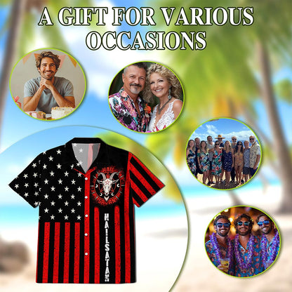 Vintage Occult-Themed American Flag Hawaiian Shirt for Men, Aloha Button Down Shirt - Azhawaiian