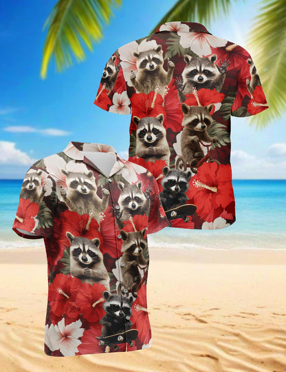 Hibiscus Raccoon Hawaiian Shirt for Men, Button Down Aloha Shirt - Azhawaiian