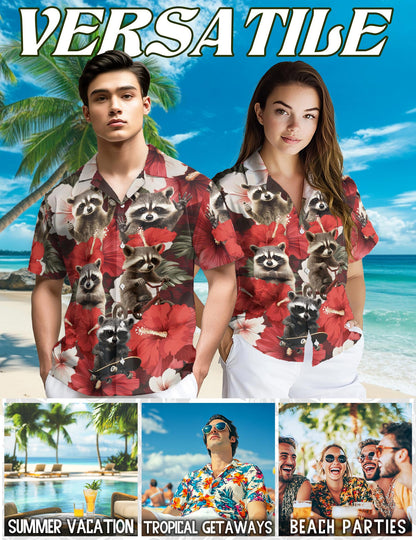 Hibiscus Raccoon Hawaiian Shirt for Men, Button Down Aloha Shirt - Azhawaiian