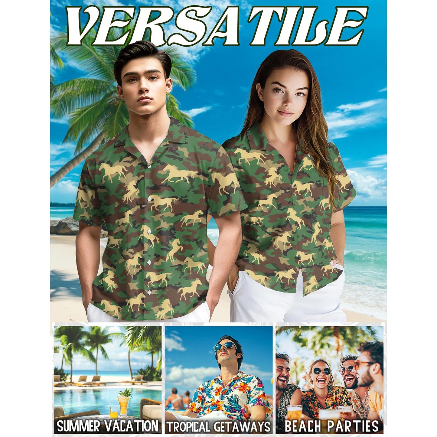 Horse Camo Hawaiian Shirt for Men, Button Down Aloha Shirt - Azhawaiian