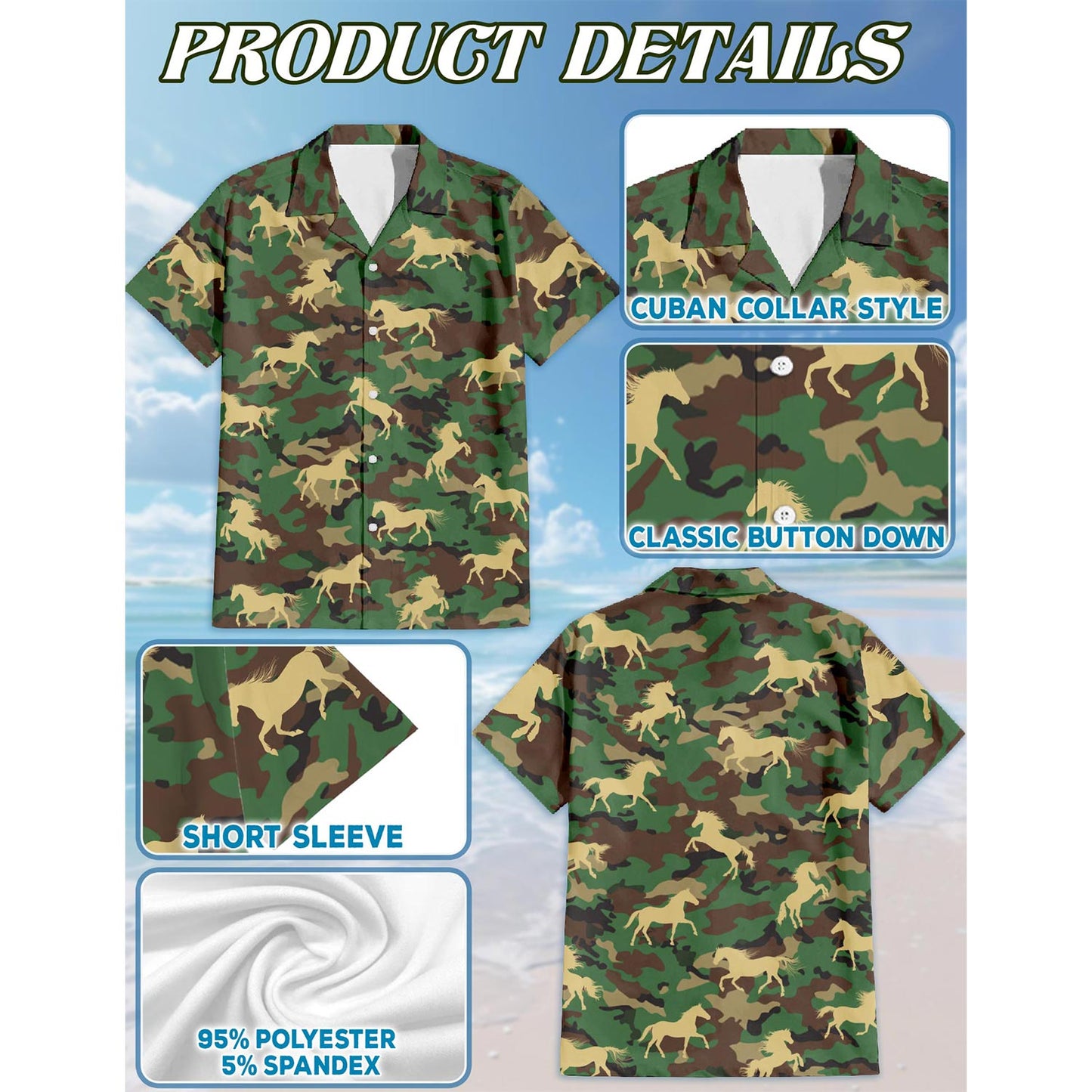 Horse Camo Hawaiian Shirt for Men, Button Down Aloha Shirt - Azhawaiian