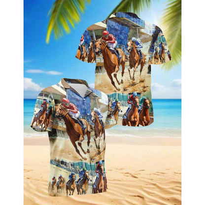Horse Racing Hawaiian Shirt for Men, Button Down Aloha Shirt - Azhawaiian