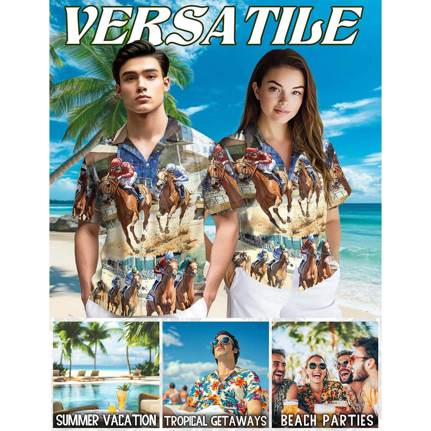 Horse Racing Hawaiian Shirt for Men, Button Down Aloha Shirt - Azhawaiian