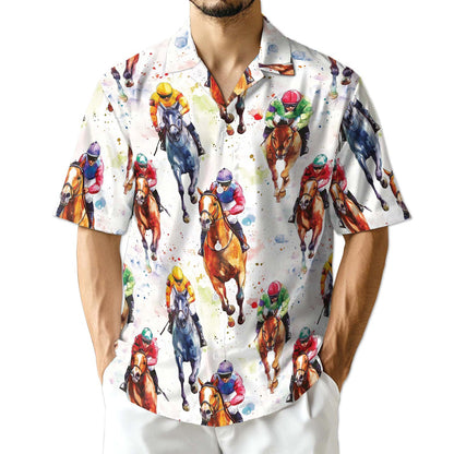 Horse Racing Pattern Hawaiian Shirt for Men, Button Down Aloha Shirt - Azhawaiian