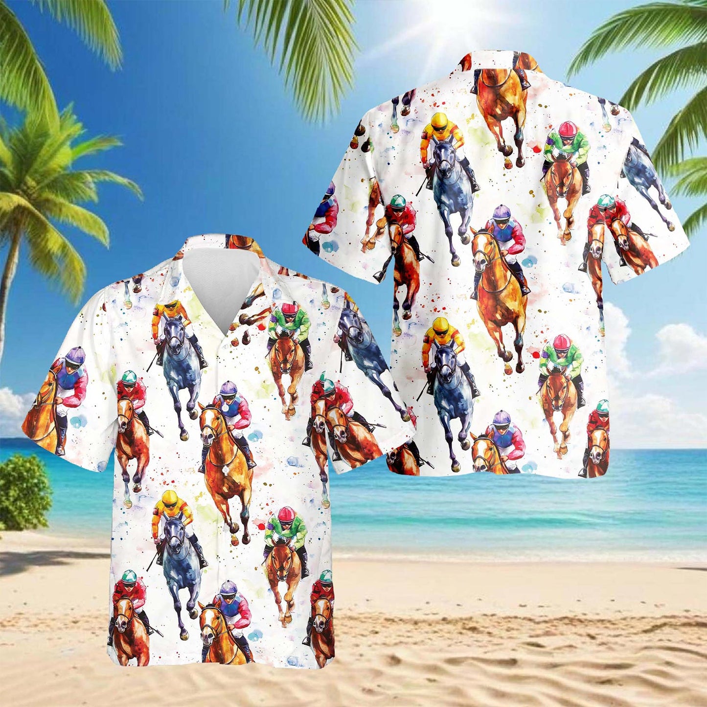 Horse Racing Pattern Hawaiian Shirt for Men, Button Down Aloha Shirt - Azhawaiian