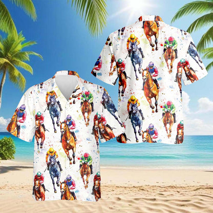 Horse Racing Pattern Hawaiian Shirt for Men, Button Down Aloha Shirt - Azhawaiian