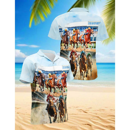 Horses Racing Hawaiian Shirt for Men, Button Down Aloha Shirt - Azhawaiian