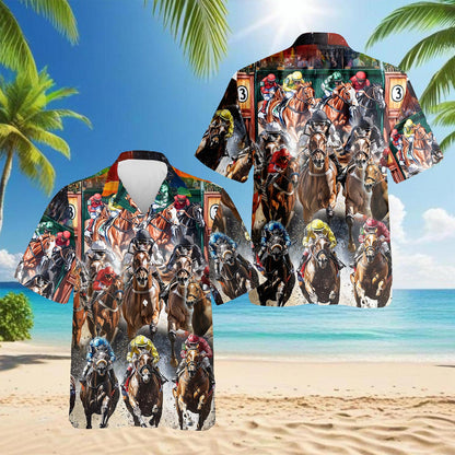 Horses Racing Hawaiian Shirt for Men, Button Down Aloha Shirt - Azhawaiian