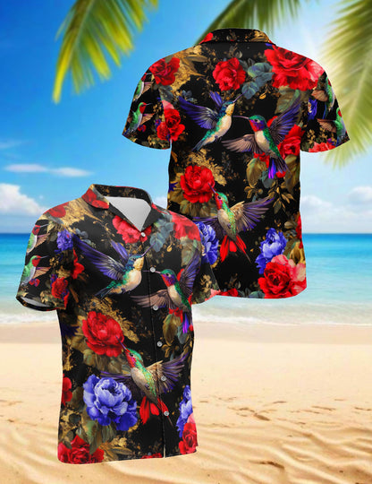 Hummingbird Peonies Hawaiian Shirt for Men, Button Down Aloha Shirt - Azhawaiian