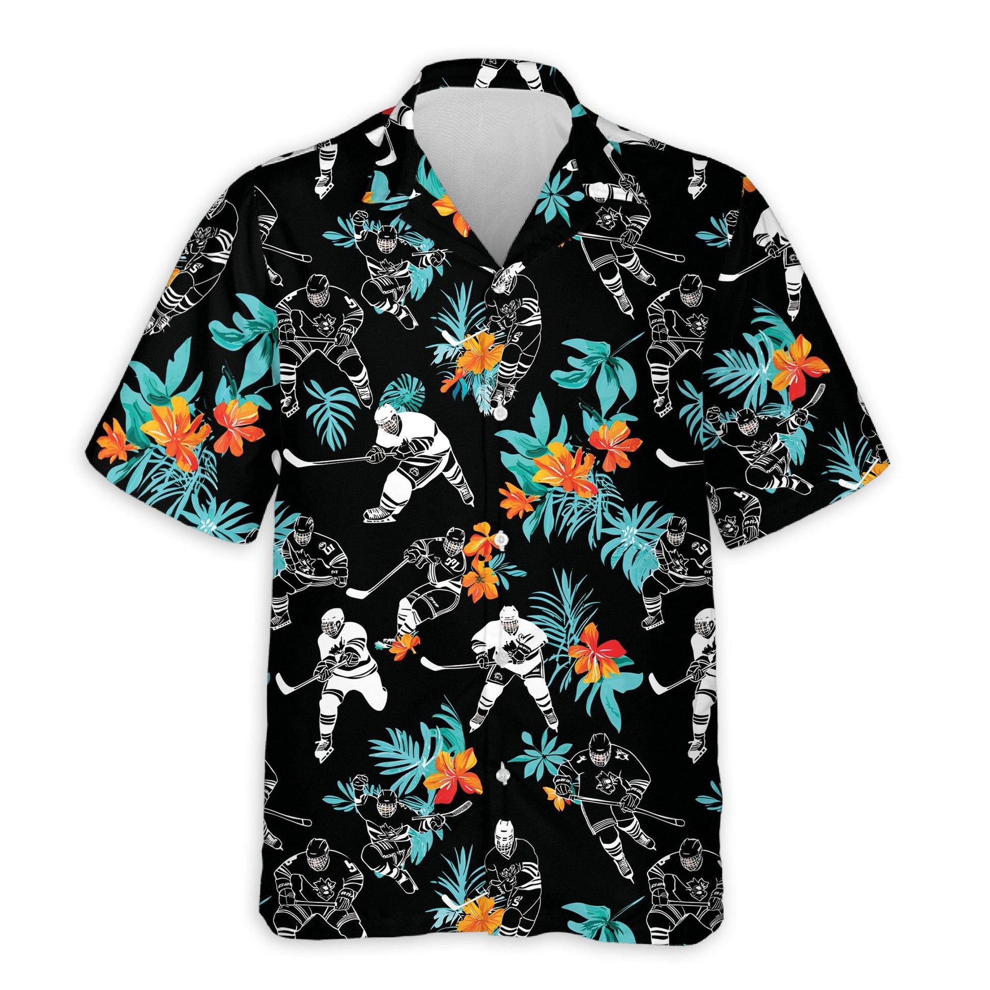 Azhawaiian Ice Hockey Player Black Tropical Flower Hawaiian Aloha Shirt for Men
