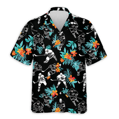 Azhawaiian Ice Hockey Player Black Tropical Flower Hawaiian Aloha Shirt for Men