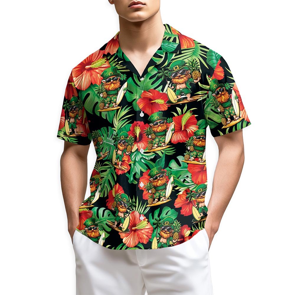 Irish Leprechaun with Flower St. Patrick's Day Hawaiian Shirt for Men, Aloha Button Down Shirt - Azhawaiian