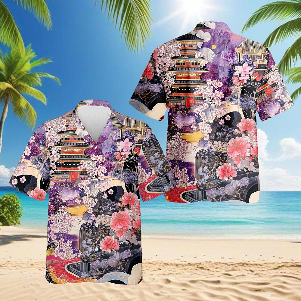 Japanese Aesthetic Ukiyoe Sakura Cherry Blossom Hawaiian Shirt for Men, Button Down Aloha Shirt - Azhawaiian