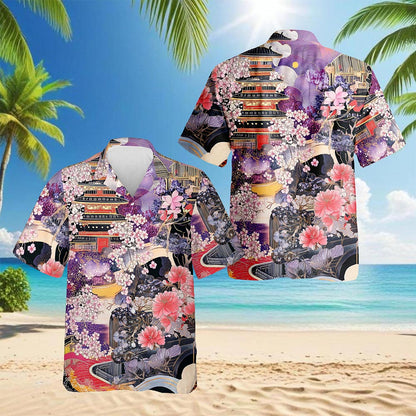 Japanese Aesthetic Ukiyoe Sakura Cherry Blossom Hawaiian Shirt for Men, Button Down Aloha Shirt - Azhawaiian
