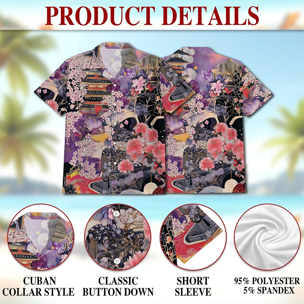 Japanese Aesthetic Ukiyoe Sakura Cherry Blossom Hawaiian Shirt for Men, Button Down Aloha Shirt - Azhawaiian
