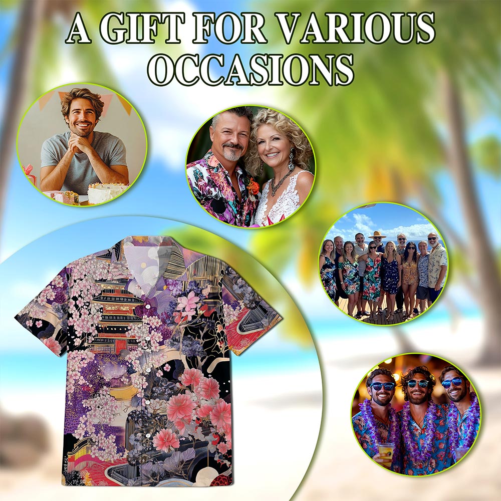 Japanese Aesthetic Ukiyoe Sakura Cherry Blossom Hawaiian Shirt for Men, Button Down Aloha Shirt - Azhawaiian