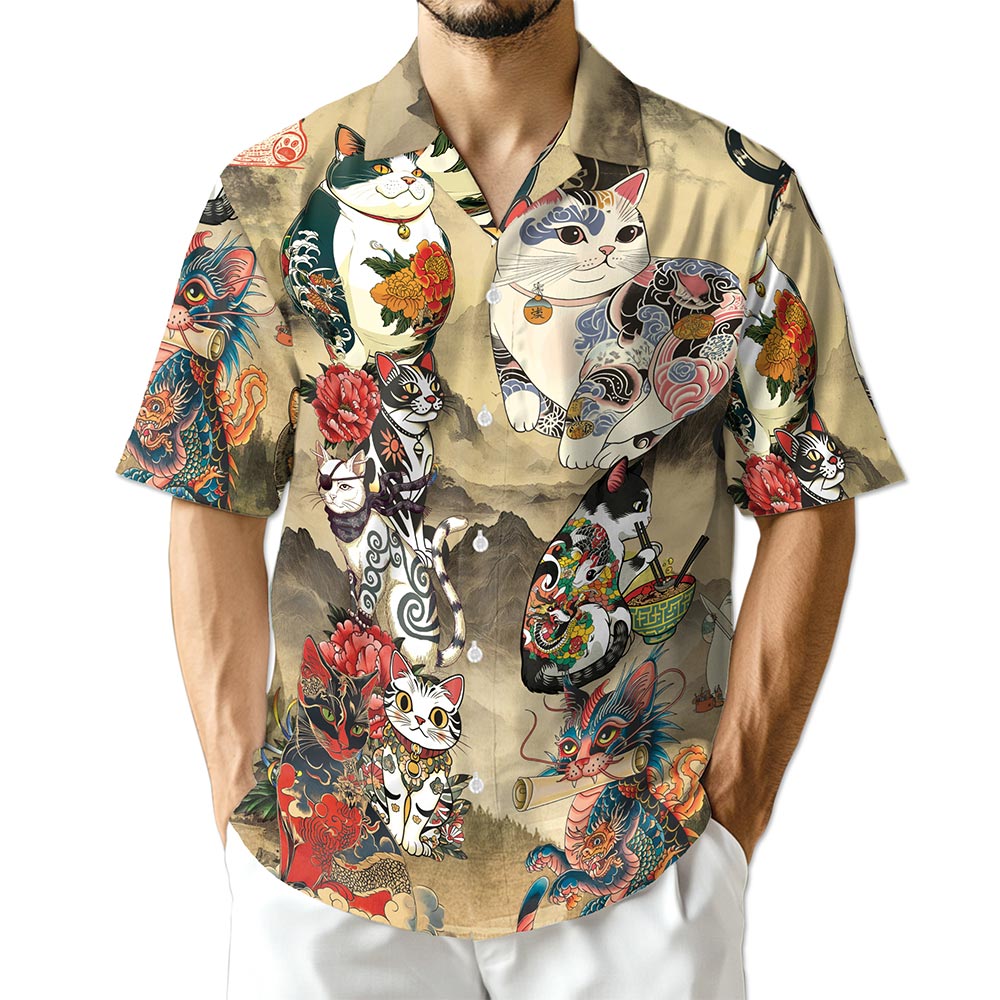 Azhawaiian Japanese Cat Tattoo Hawaiian Shirt for Men