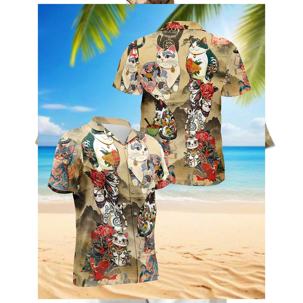 Japanese Cat Tattoo Hawaiian Shirt for Men, Button Down Aloha Shirt - Azhawaiian
