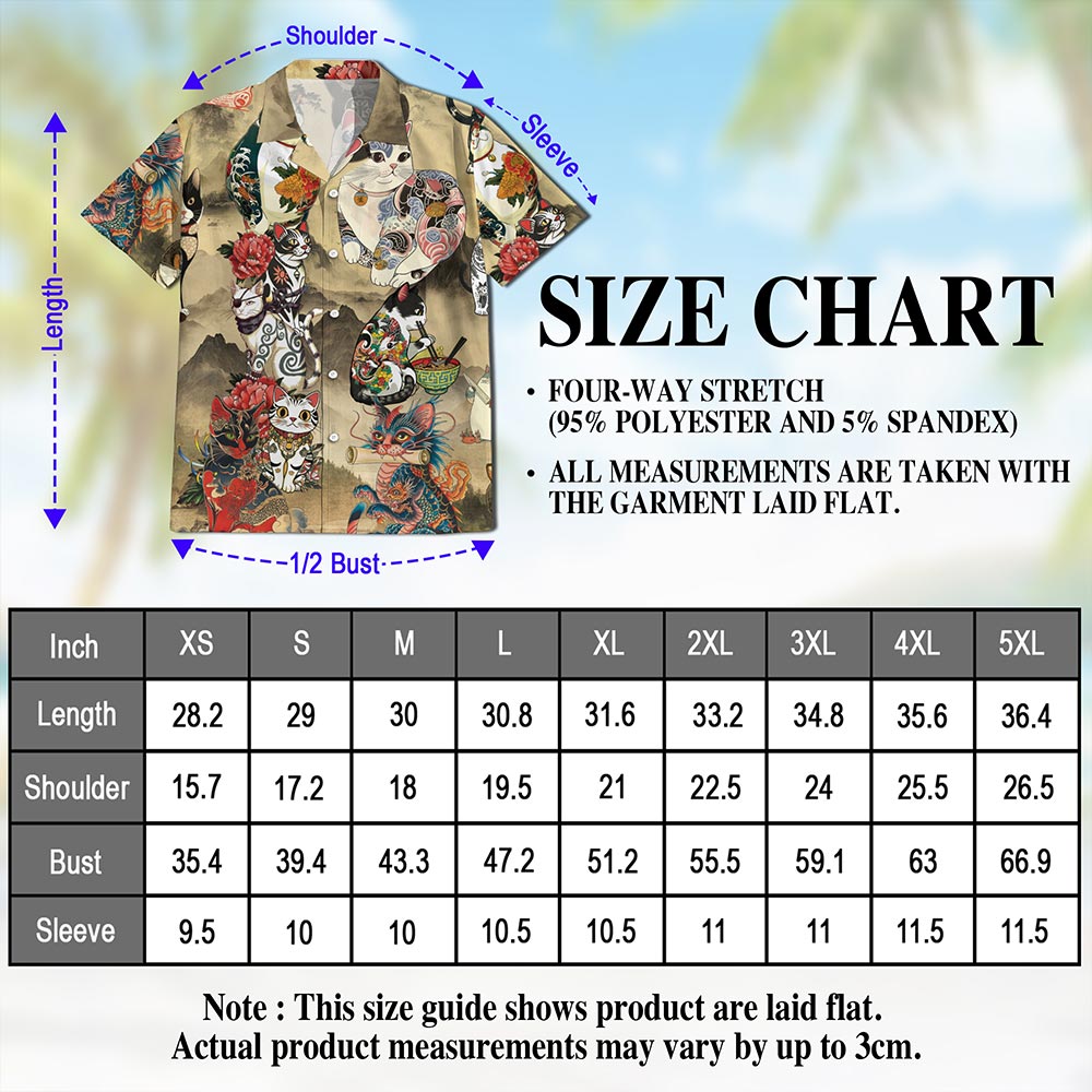 Japanese Cat Tattoo Hawaiian Shirt for Men, Button Down Aloha Shirt - Azhawaiian