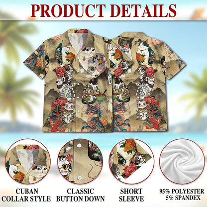 Japanese Cat Tattoo Hawaiian Shirt for Men, Button Down Aloha Shirt - Azhawaiian