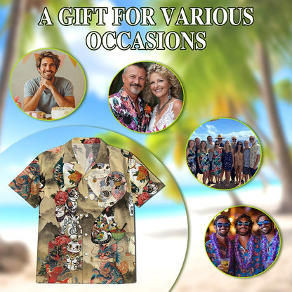 Japanese Cat Tattoo Hawaiian Shirt for Men, Button Down Aloha Shirt - Azhawaiian