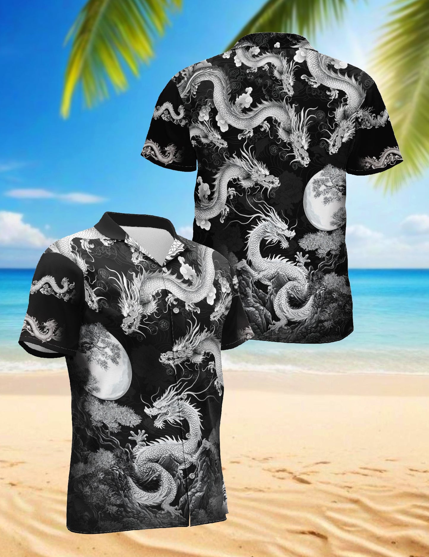Japanese Dragon Black Hawaiian Shirt for Men, Button Down Aloha Shirt - Azhawaiian