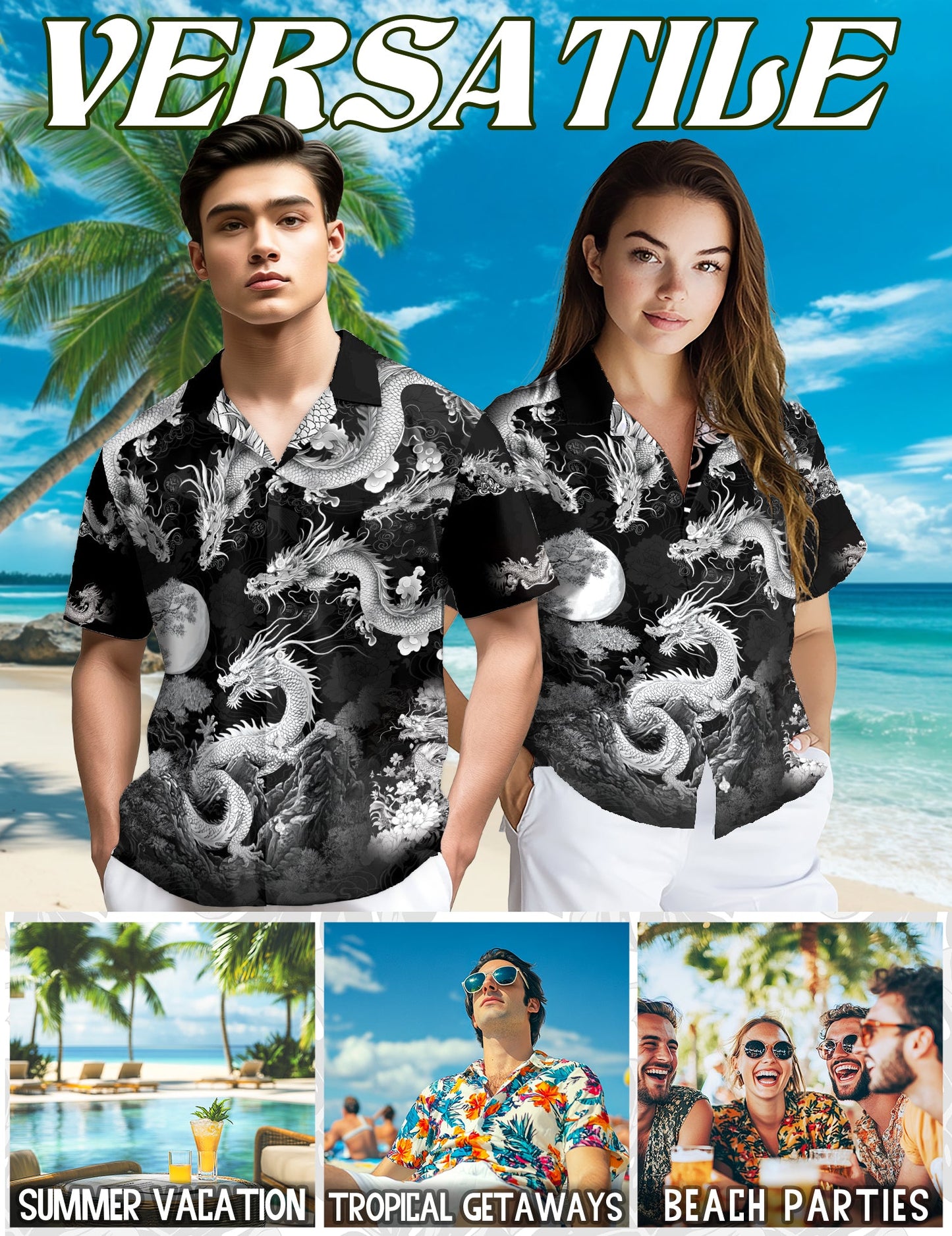 Japanese Dragon Black Hawaiian Shirt for Men, Button Down Aloha Shirt - Azhawaiian
