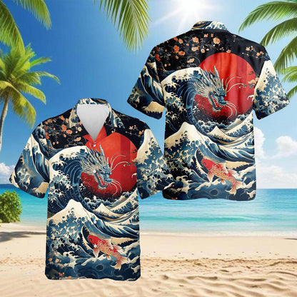 Japanese Dragon Koi Fish Hawaiian Shirt for Men, Button Down Aloha Shirt - Azhawaiian