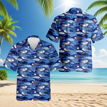 Japanese Fish Pattern Shirt for Men Hawaiian Shirt for Men, Button Down Aloha Shirt - Azhawaiian