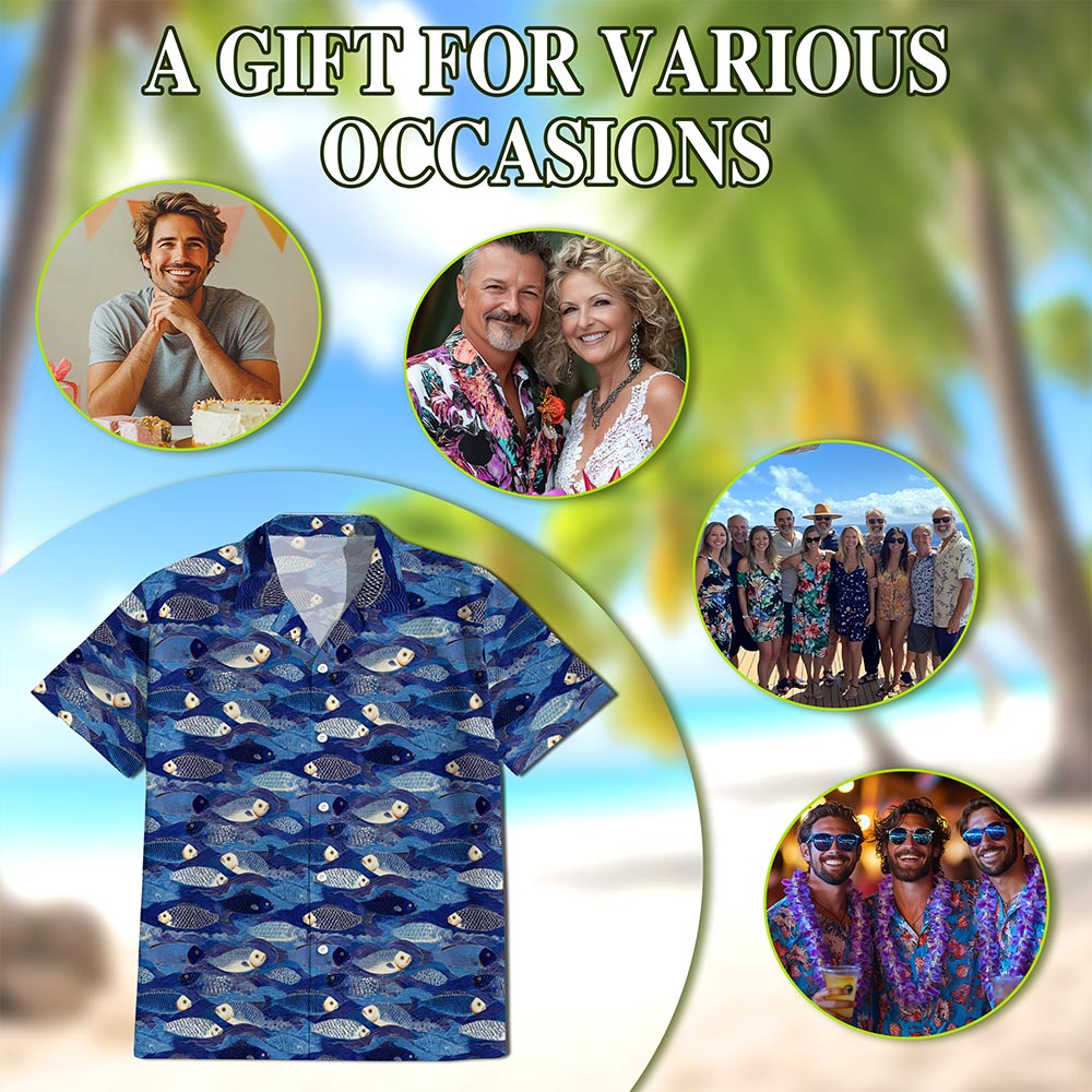 Japanese Fish Pattern Shirt for Men Hawaiian Shirt for Men, Button Down Aloha Shirt - Azhawaiian